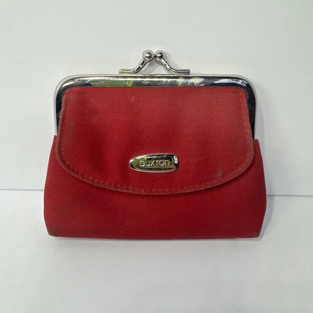 Buxton Vintage Red Fabric Kiss Lock Coin Purse with Front Pocket Silver Hardware